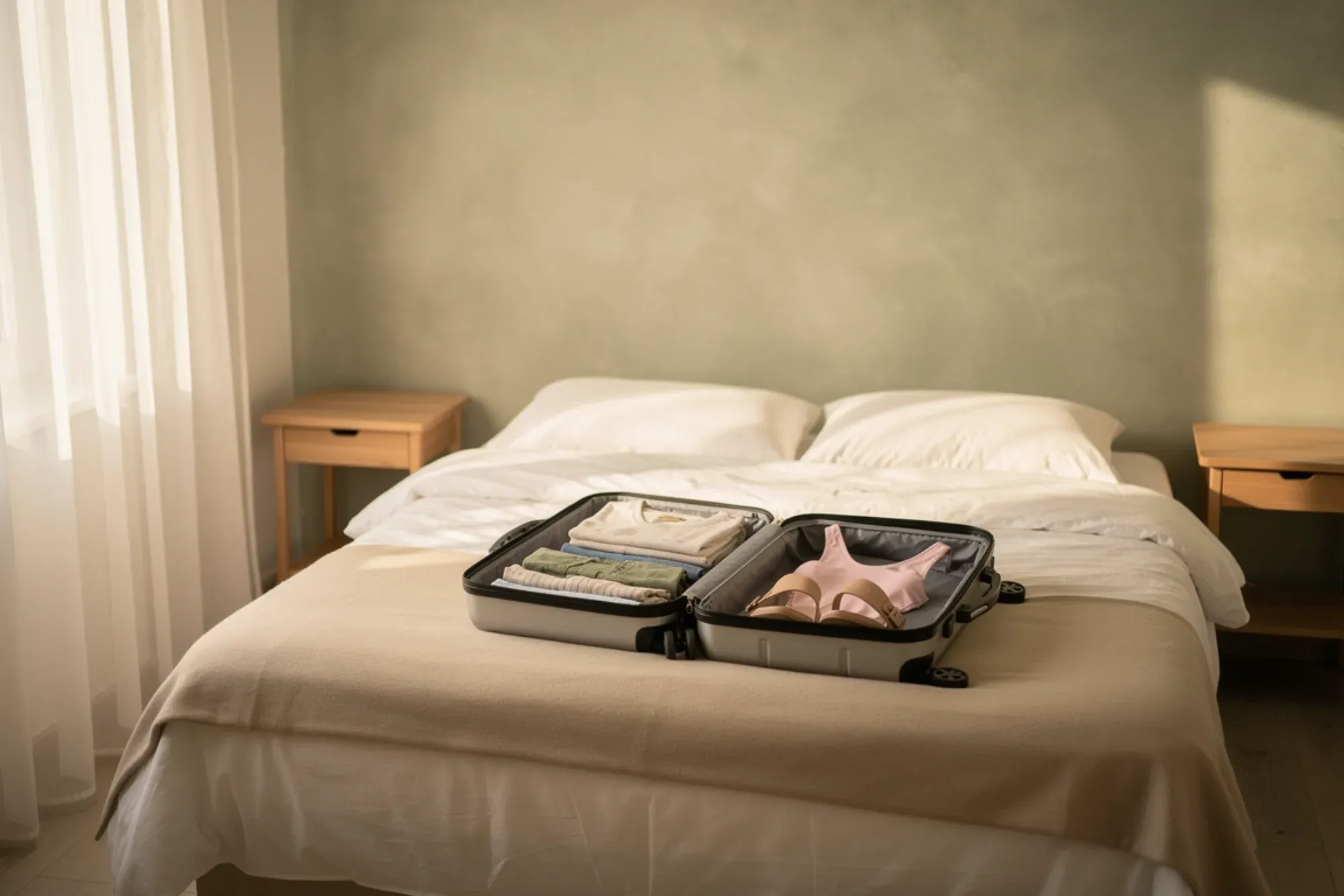 Maleta oberta amb roba d’estiu sobre un llit fet, en una habitació tranquil·la