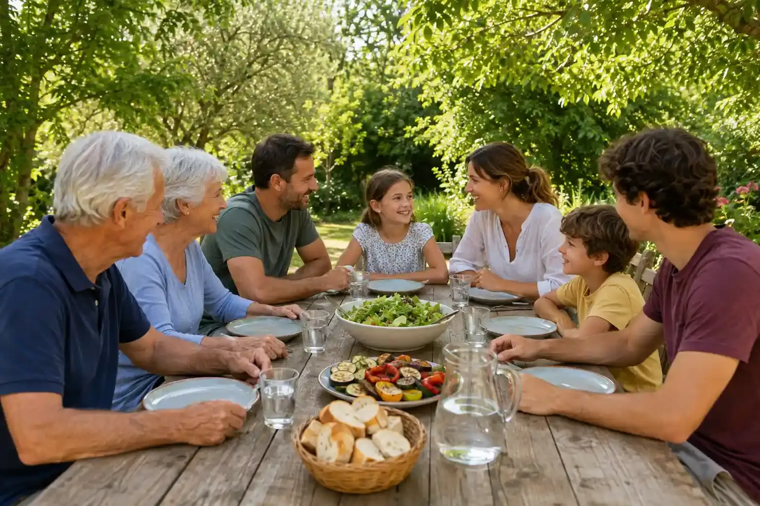 Família de tres generacions dinant junts en una taula al jardí
